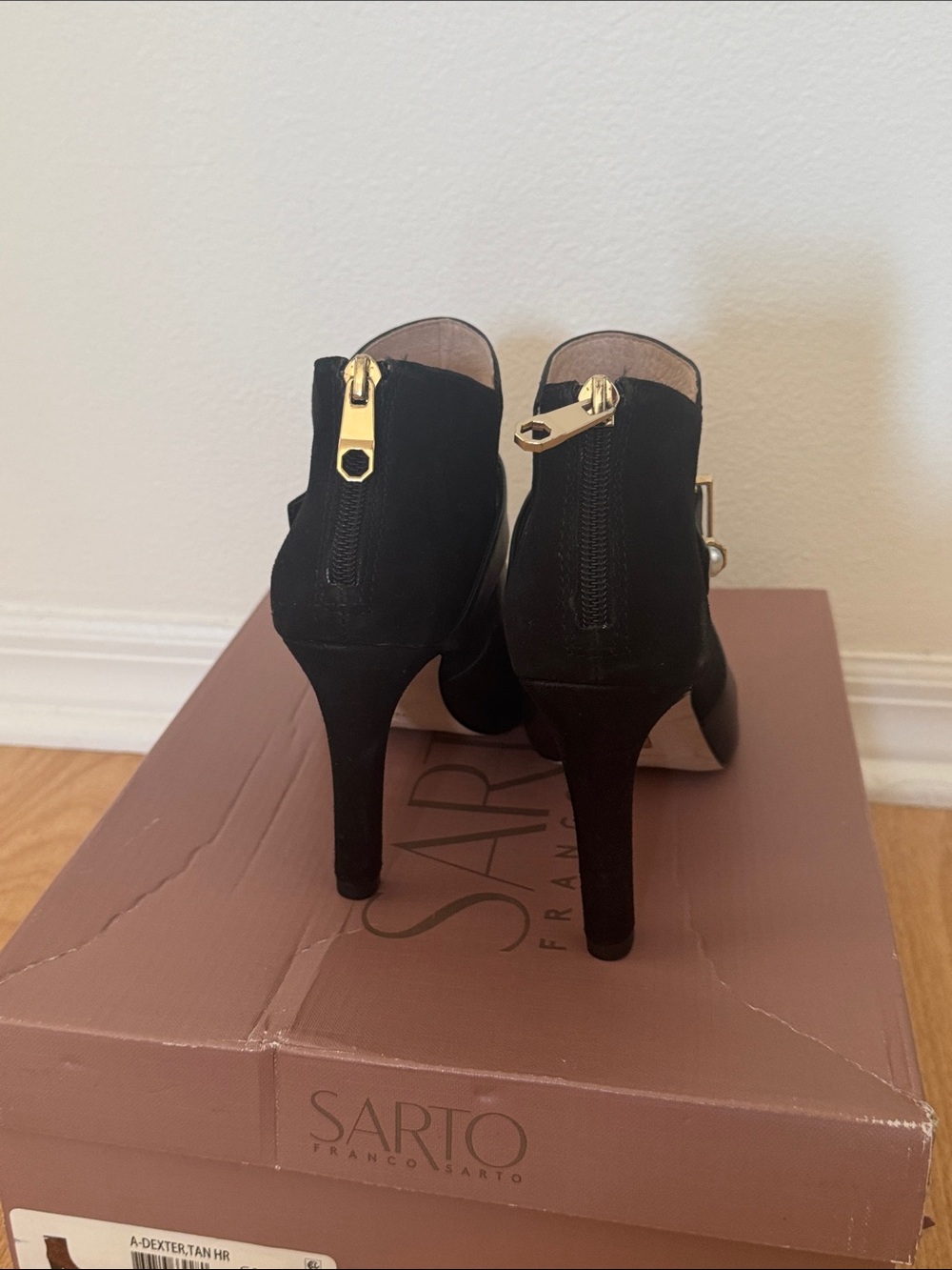 SARTO By Franco Sarto Black Peep-Toe Heeled Booties with Gold Accent - Picture 4 of 6